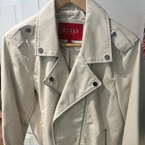 GUESS Cream Leather Moto Jacket with Silver Hardware